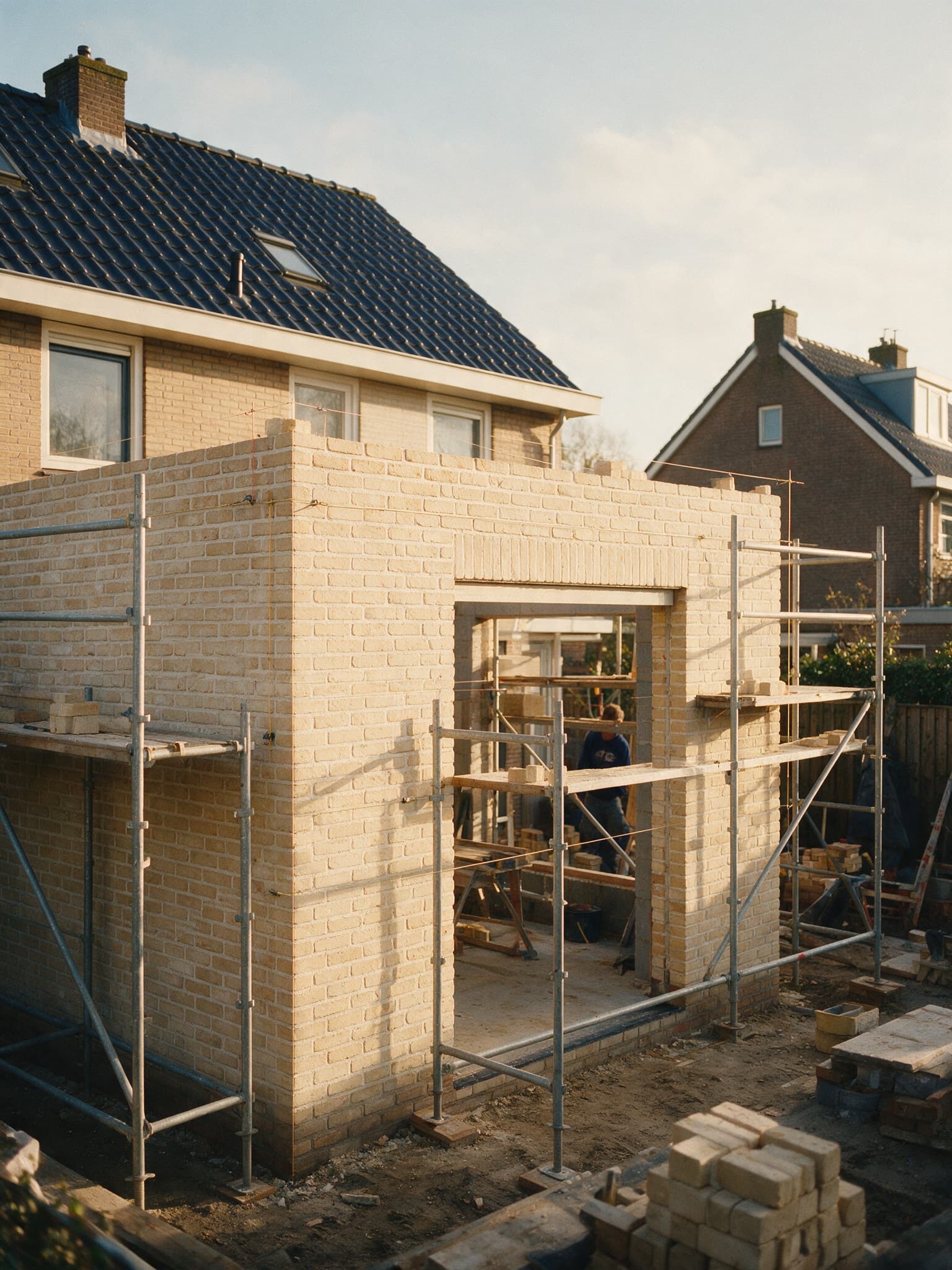 Nette aanbouw in aanbouw achter een Nederlandse woning, met steigers en vers metselwerk