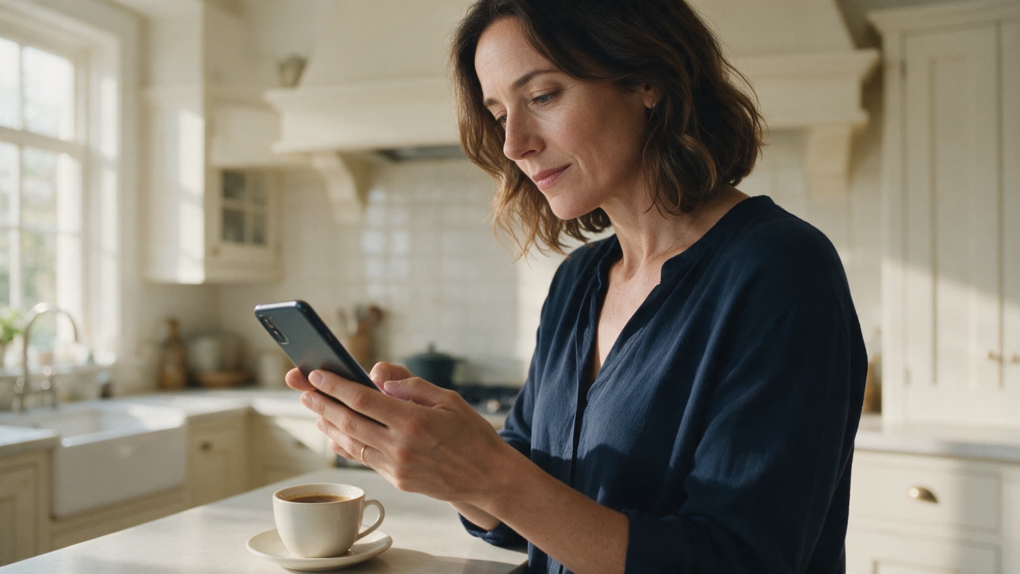 Vrouw bekijkt rustig haar telefoon in de keuken