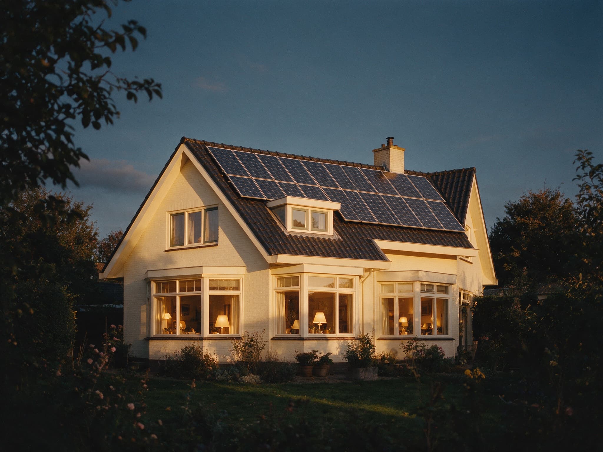 Woning met zonnepanelen in de avond