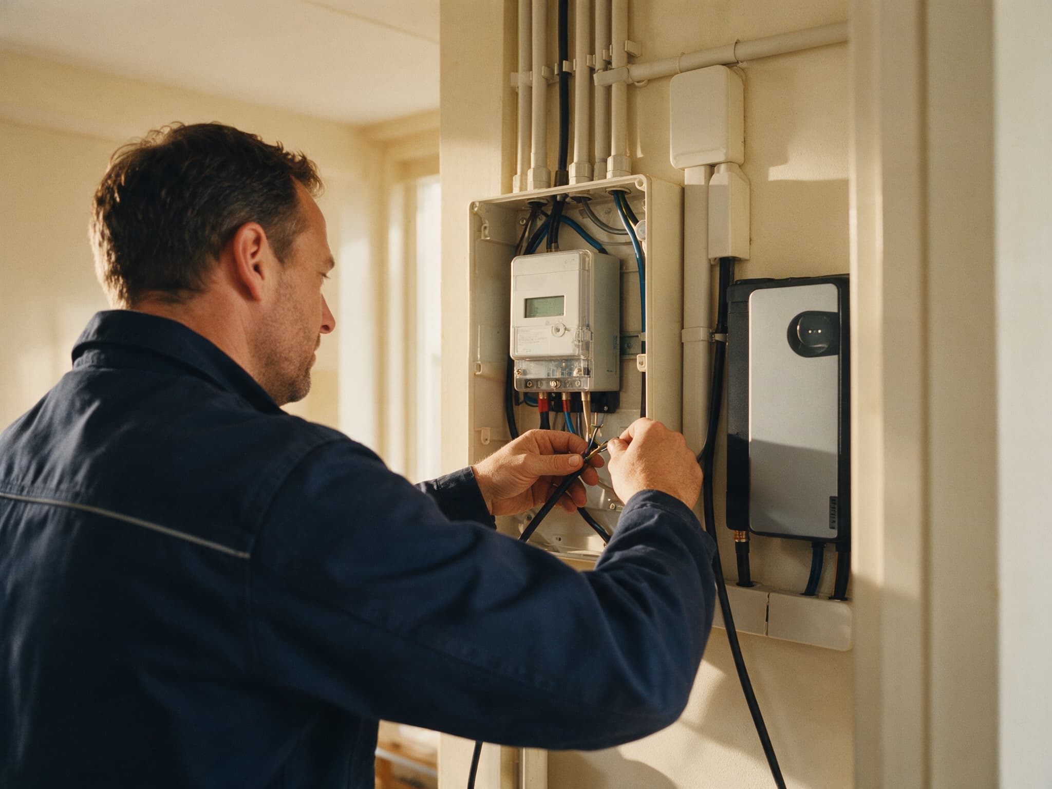 Installateur sluit de thuisbatterij aan