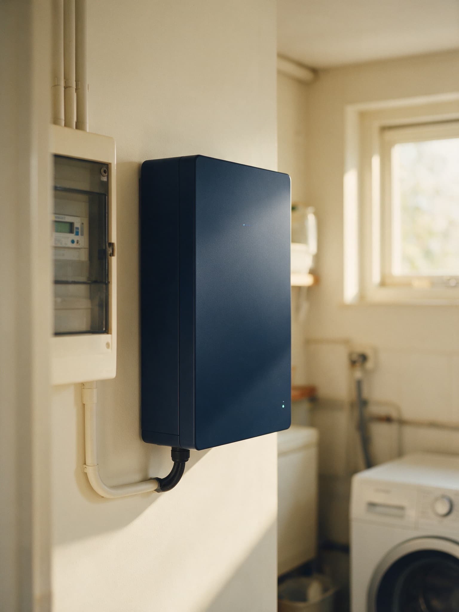 Thuisbatterij aan de wand van een nette bijkeuken