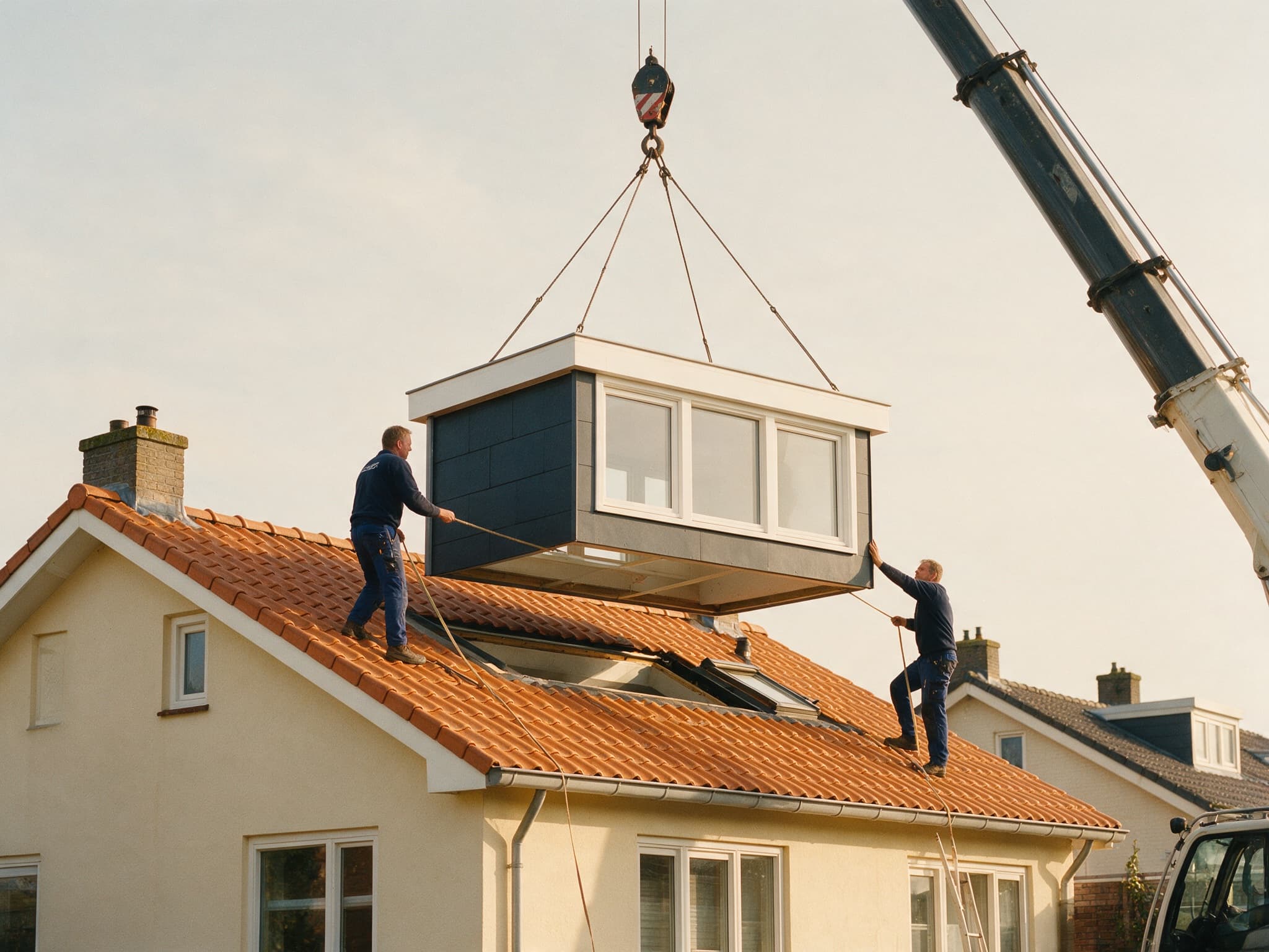 Prefab dakkapel wordt op het dak gehesen