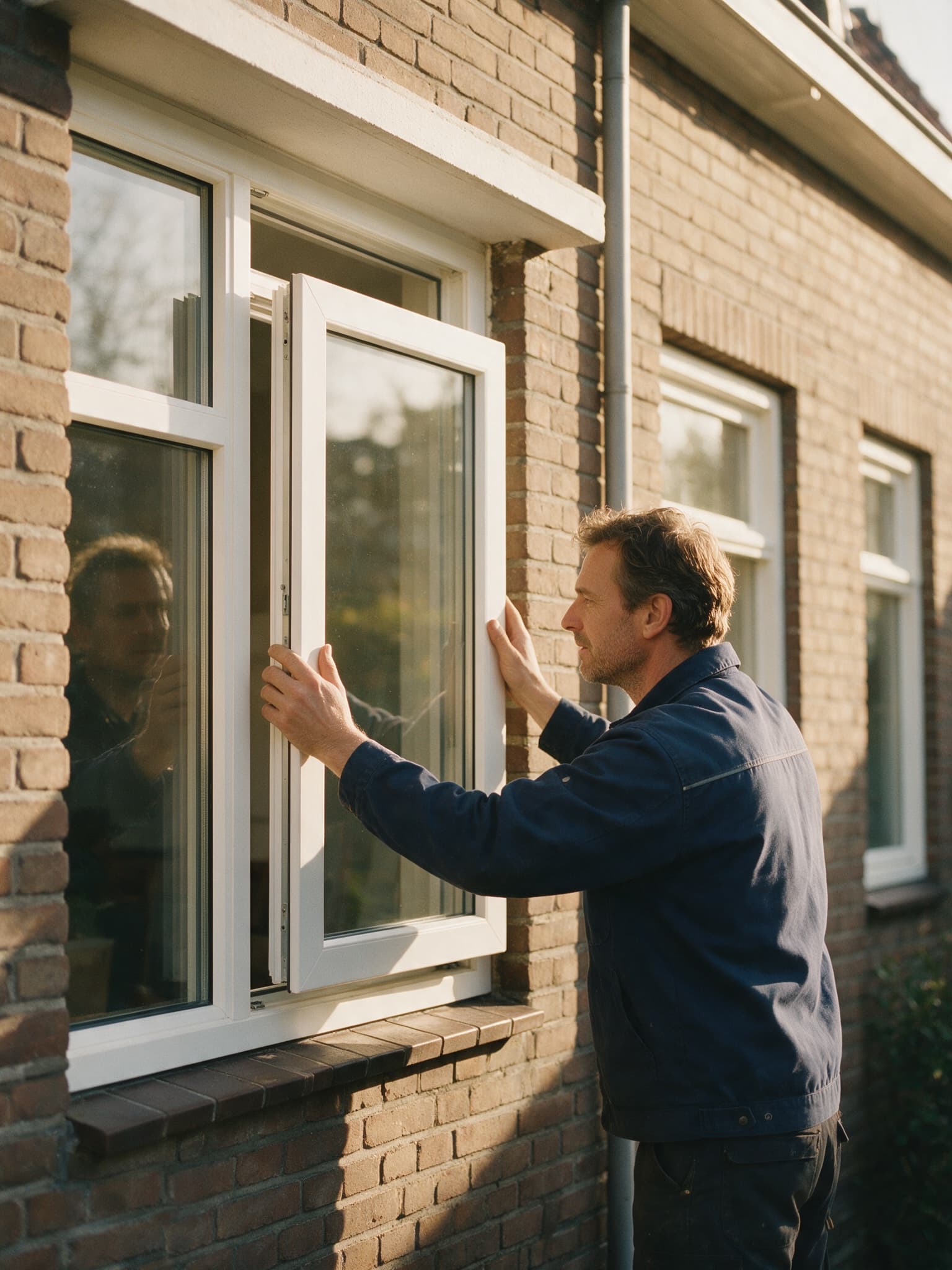 Vakman plaatst bij avondlicht een nieuw kozijn in een bakstenen gevel