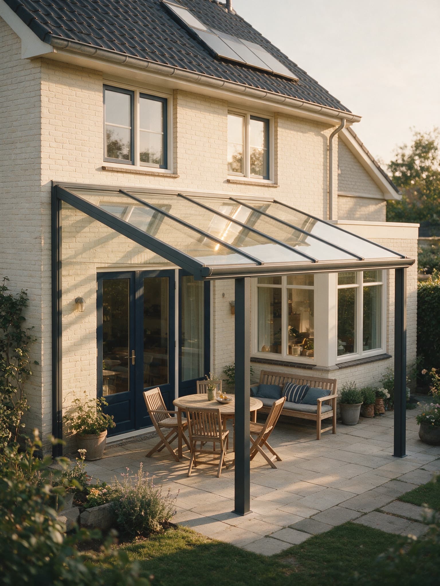 Glazen veranda met slanke antracieten staanders aan de achtergevel, bij avondlicht